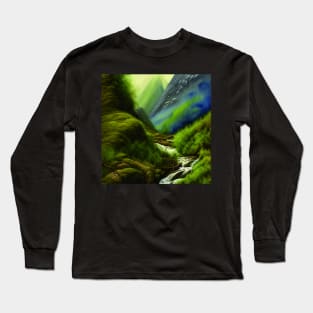 Digital Painting Of a Beautiful Mountains and River with a Greenery Outside Nature Long Sleeve T-Shirt